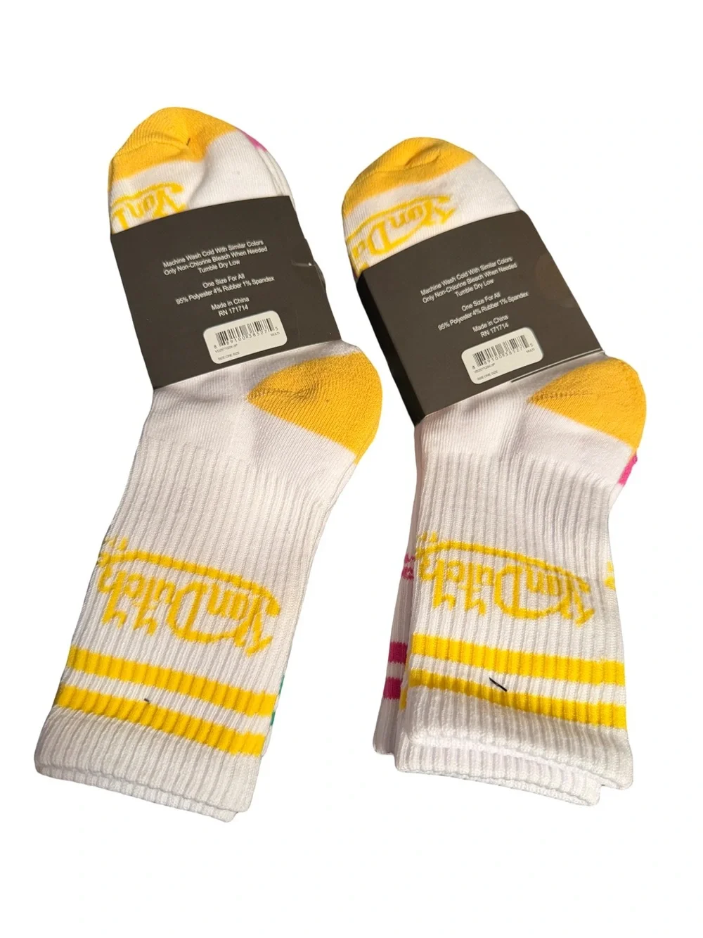 Von Dutch NWT White Crew Socks with Green, Yellow & Pink Logo and Stripes